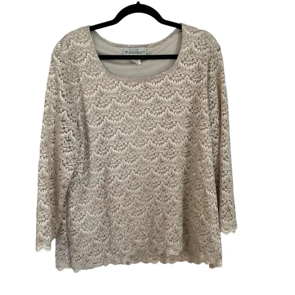 Dress Barn Women’s 3/4 Scalloped Sleeve Tan Lace Square Neck Blouse Sz 22/24 GUC